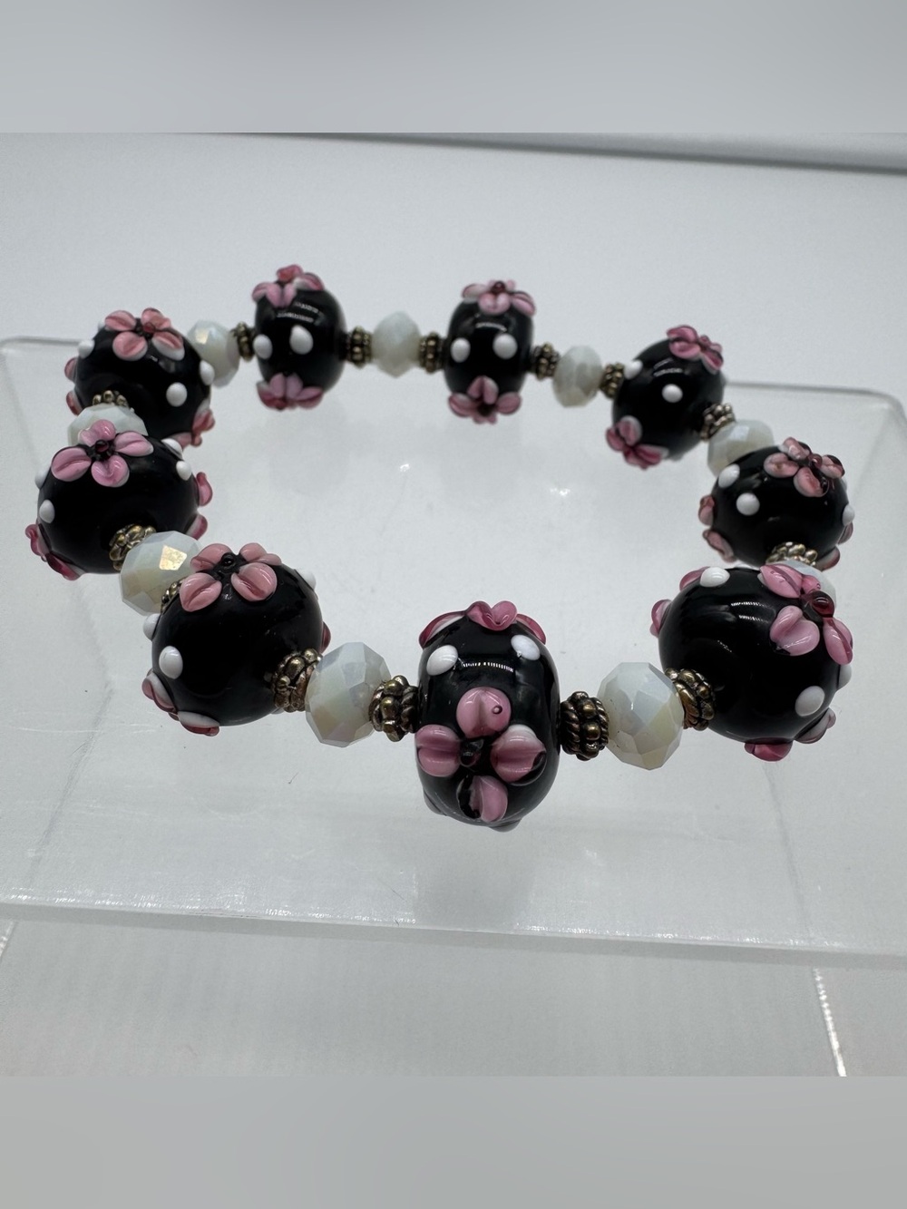 Vintage Black Pink Lampwork Glass Floral Stretch Bracelet